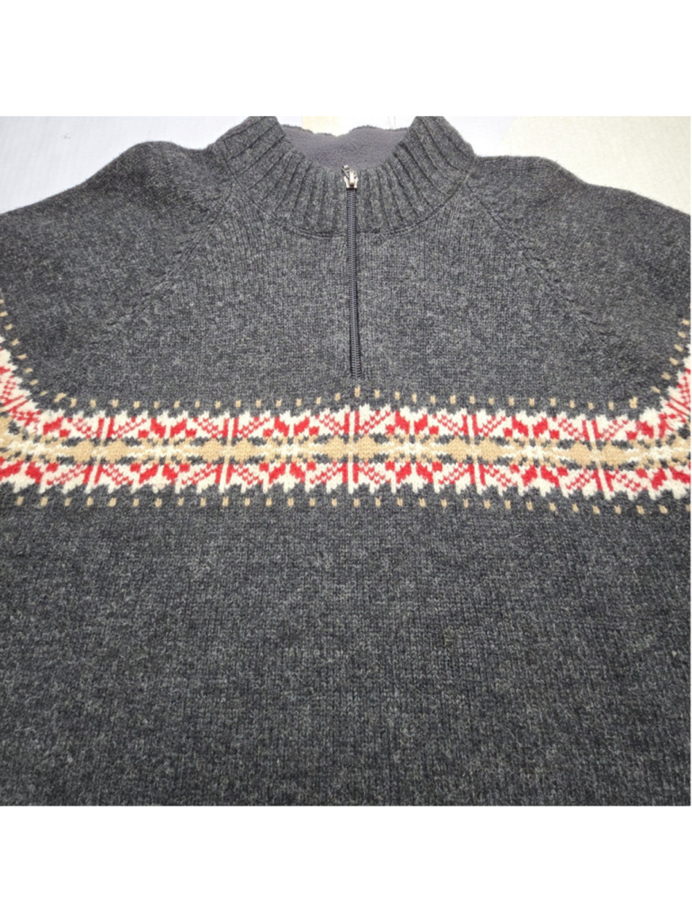 Woolrich 1/4 Zip Charcoal Heather Gray Lambs Wool Sweater Fair Isle Grannycore